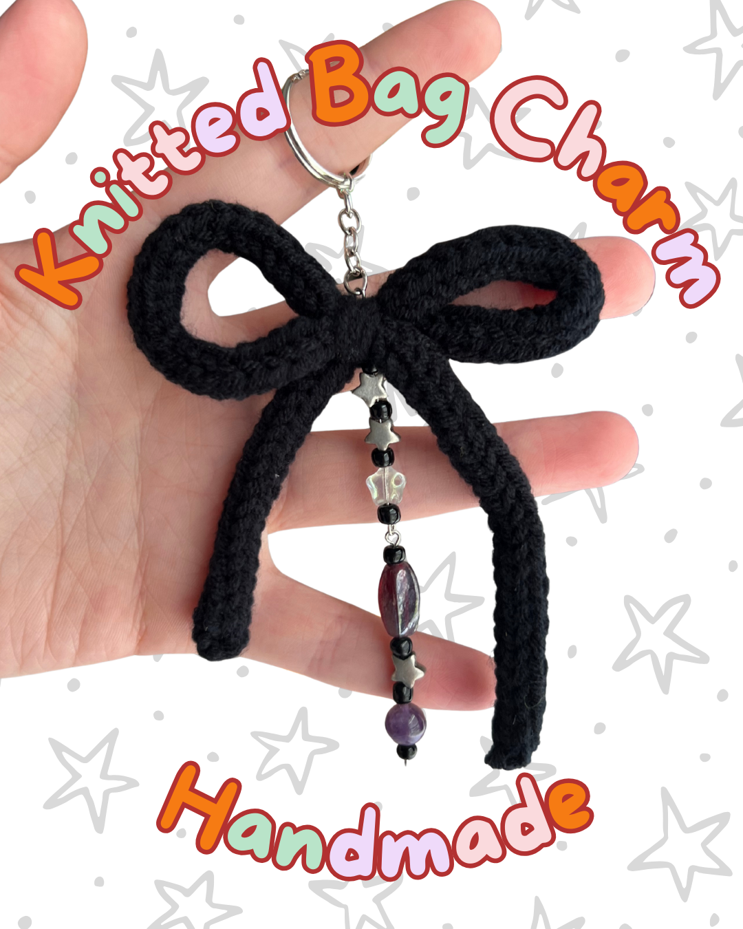 ᧔o᧓ Black Knitted Keychain With Beaded Charms | One of a Kind ᧔o᧓