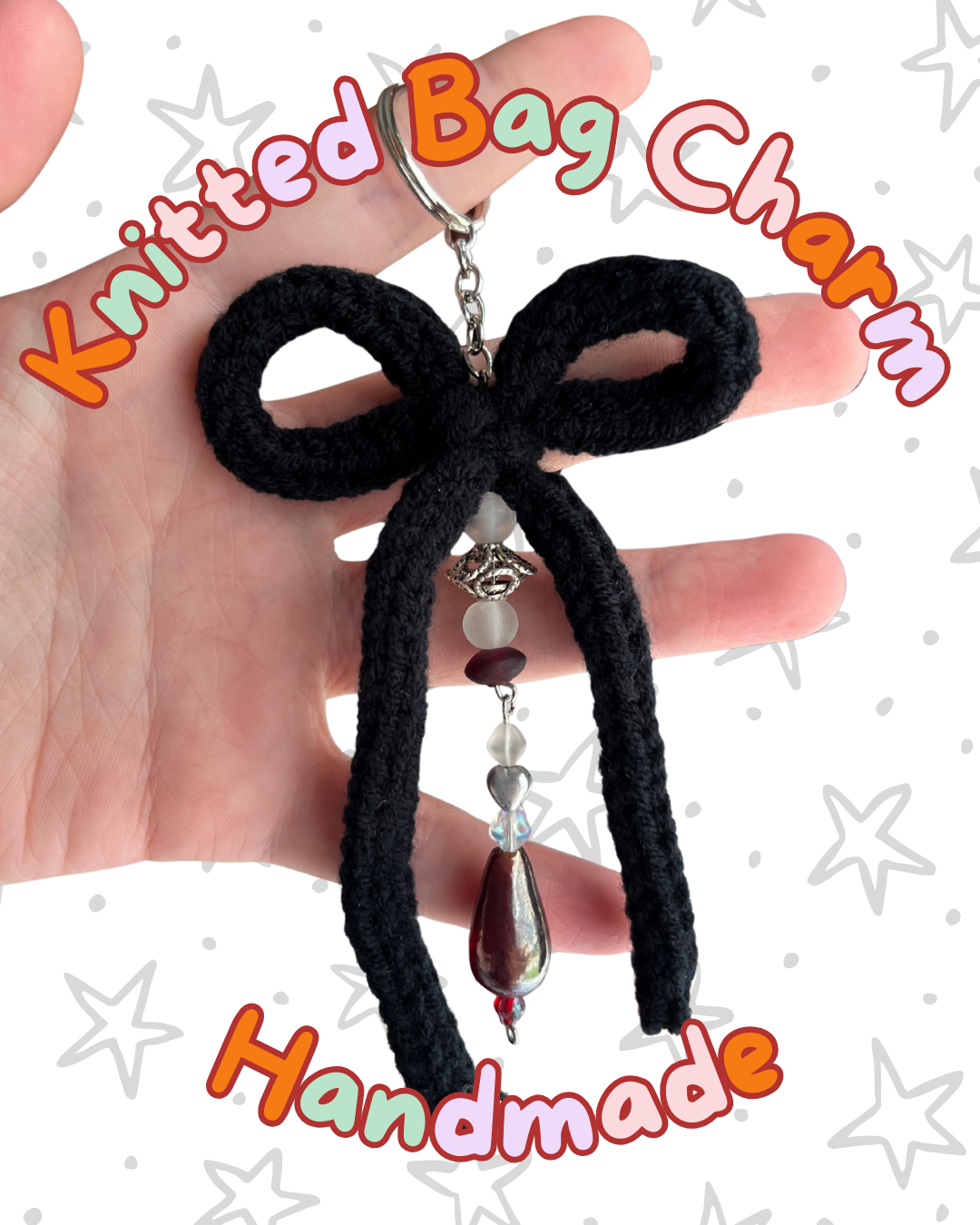 ᧔o᧓ Black Knitted Keychain With Beaded Charms | One of a Kind ᧔o᧓
