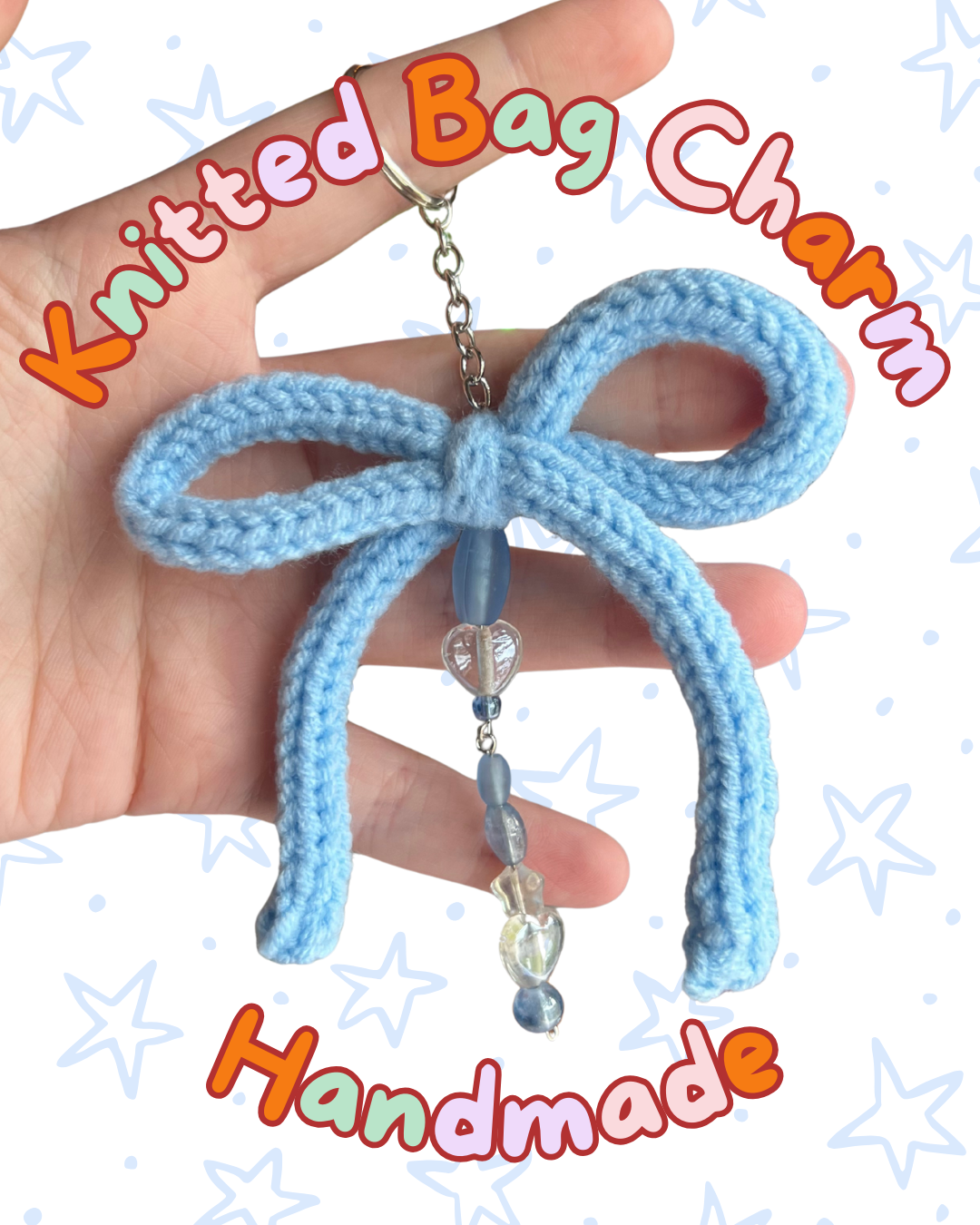 ᧔o᧓ Blue Knitted Keychain With Beaded Charms | One of a Kind ᧔o᧓