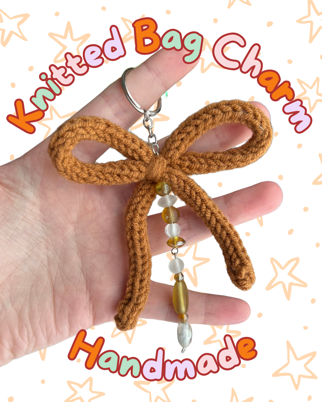 ᧔o᧓ Brown Knitted Keychain With Beaded Charms | One of a Kind ᧔o᧓
