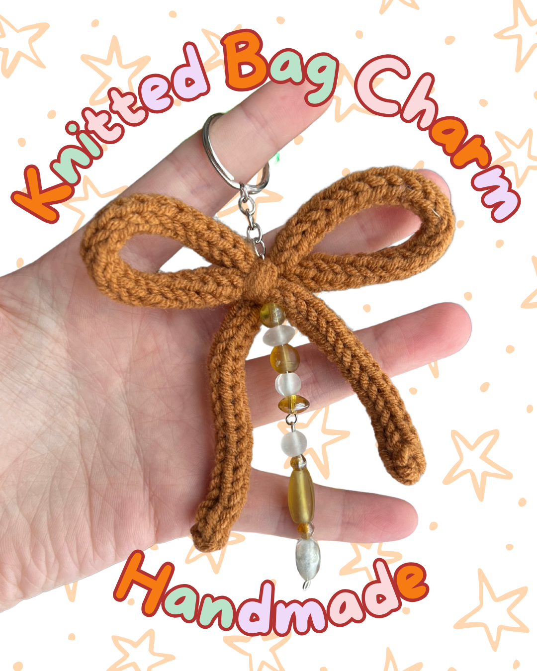 ᧔o᧓ Brown Knitted Keychain With Beaded Charms | One of a Kind ᧔o᧓