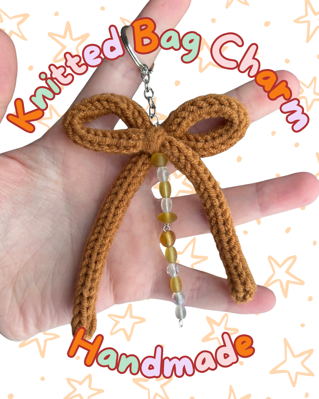 ᧔o᧓ Brown Knitted Keychain With Beaded Charms | One of a Kind ᧔o᧓