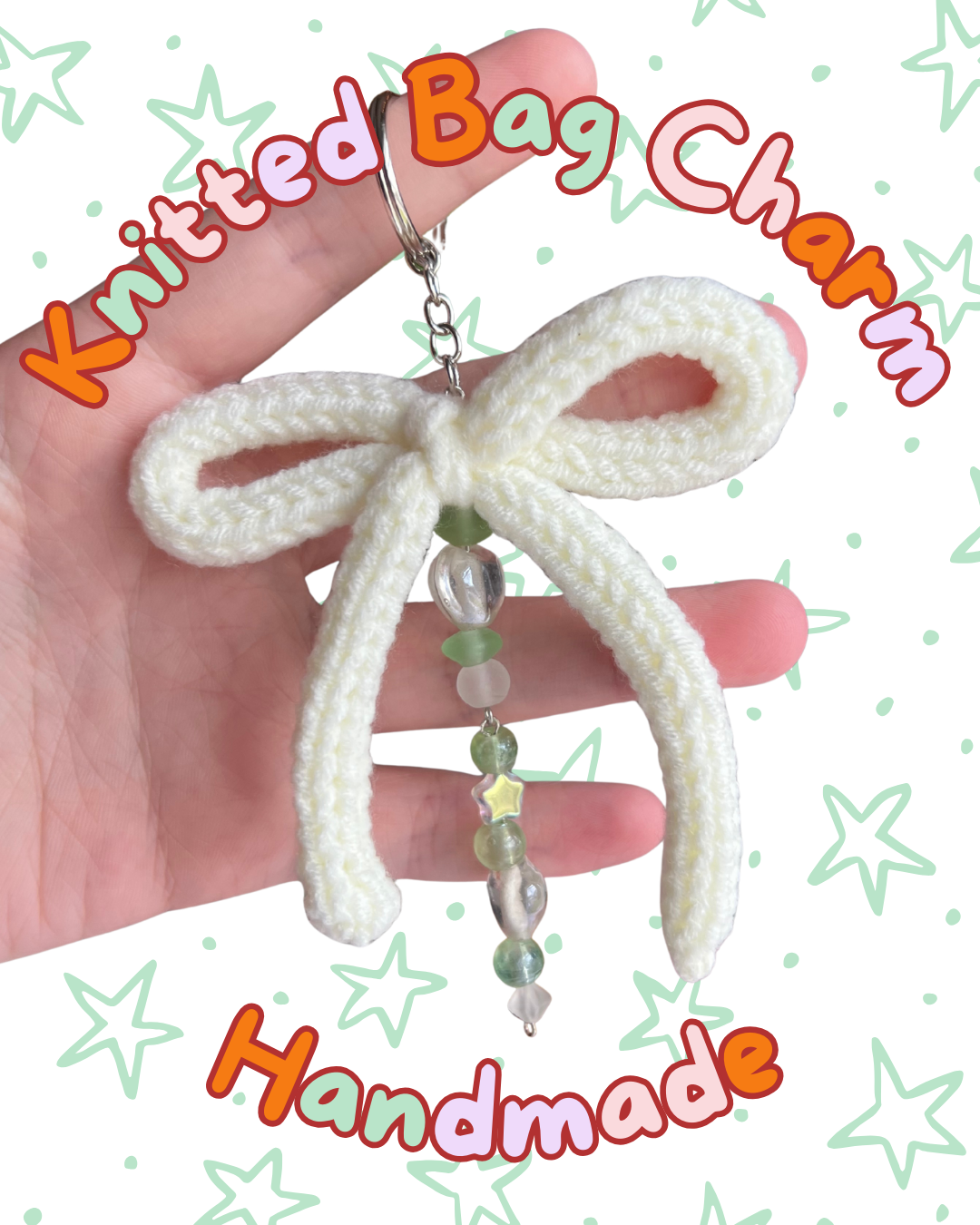 ᧔o᧓ White Knitted Keychain With Beaded Charms | One of a Kind ᧔o᧓
