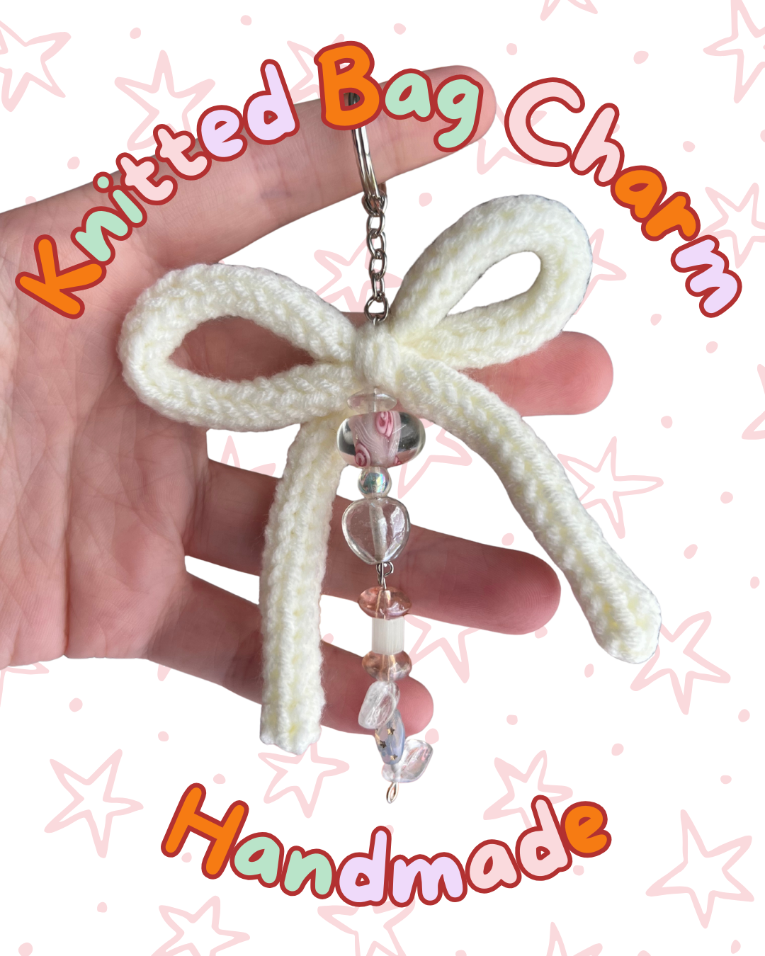 ᧔o᧓ White Knitted Keychain With Beaded Charms | One of a Kind ᧔o᧓